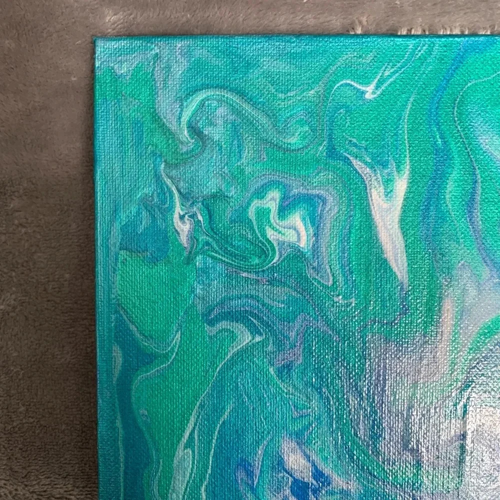 Teal, Blue, White and Green Paint Pour - 8”x8” canvas board - Picture 4 of 8